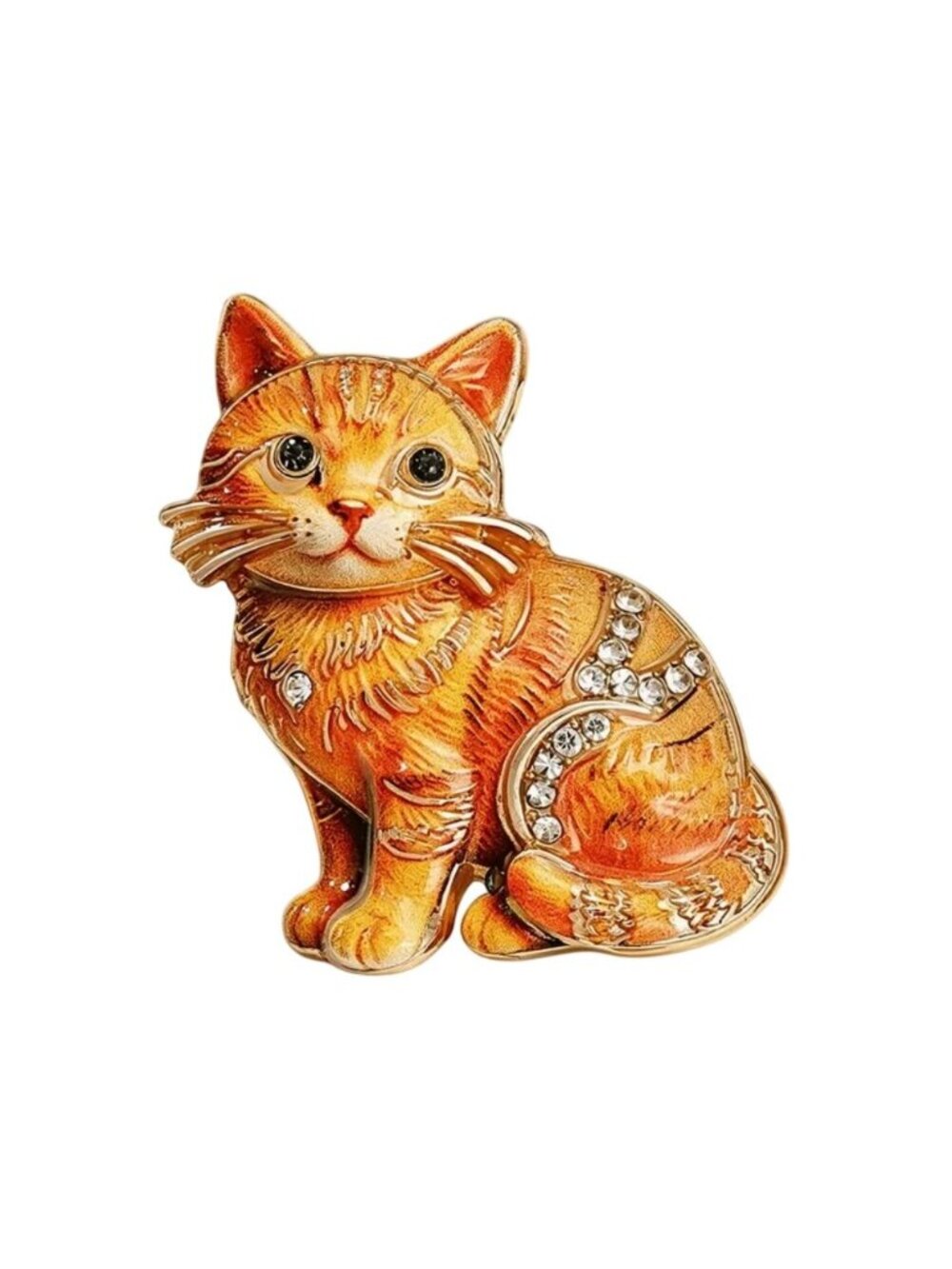 Crystal-Accented Orange Enamel Cat Brooch Pin Ginger